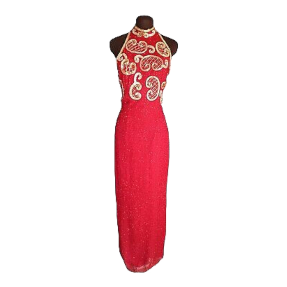Vintage 80's Sexy Halter Dress Beaded Sequins Silk Mae West Lounge Singer NOS